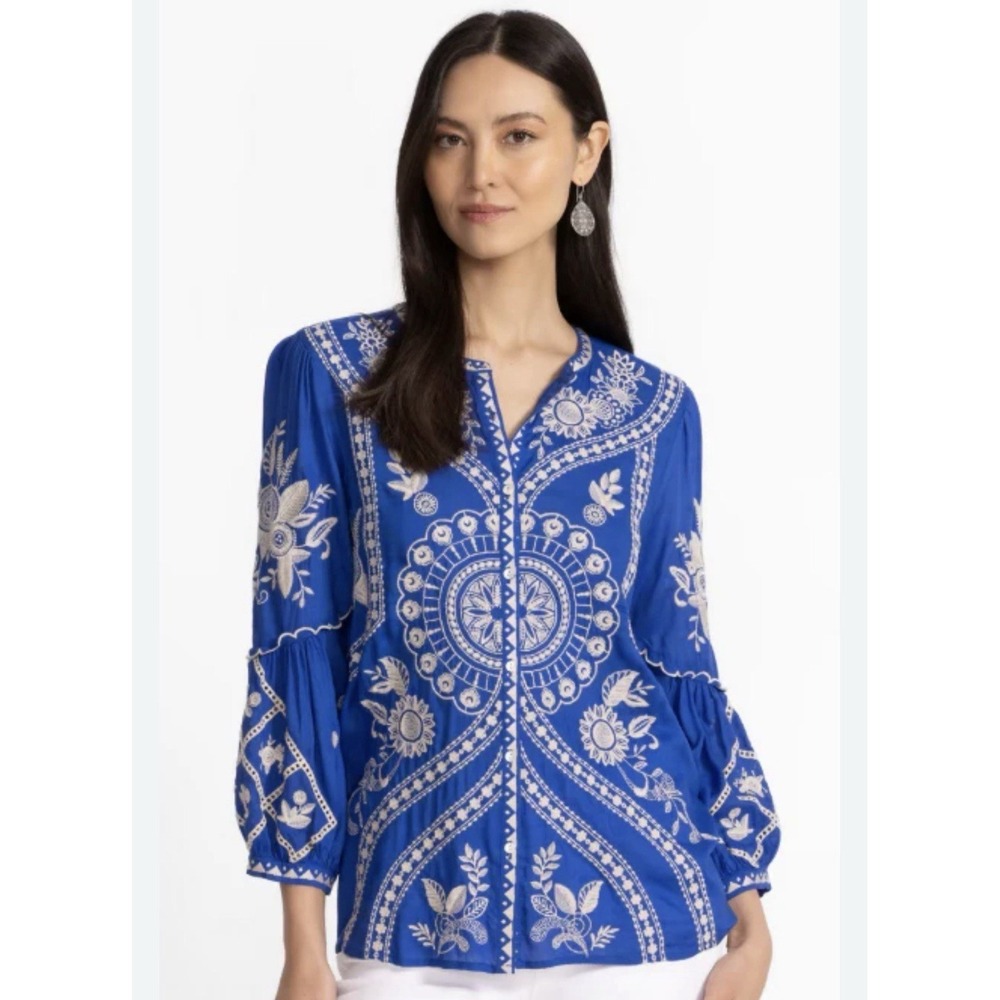 JOHNNY WAS Workshop Sm Blue Embroidered Top 100% Modal Button Up Scallop Sleeve - Picture 2 of 16